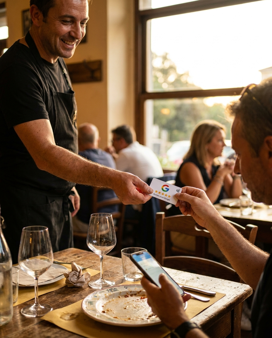Cameriere che consegna la card NFC a un cliente al ristorante