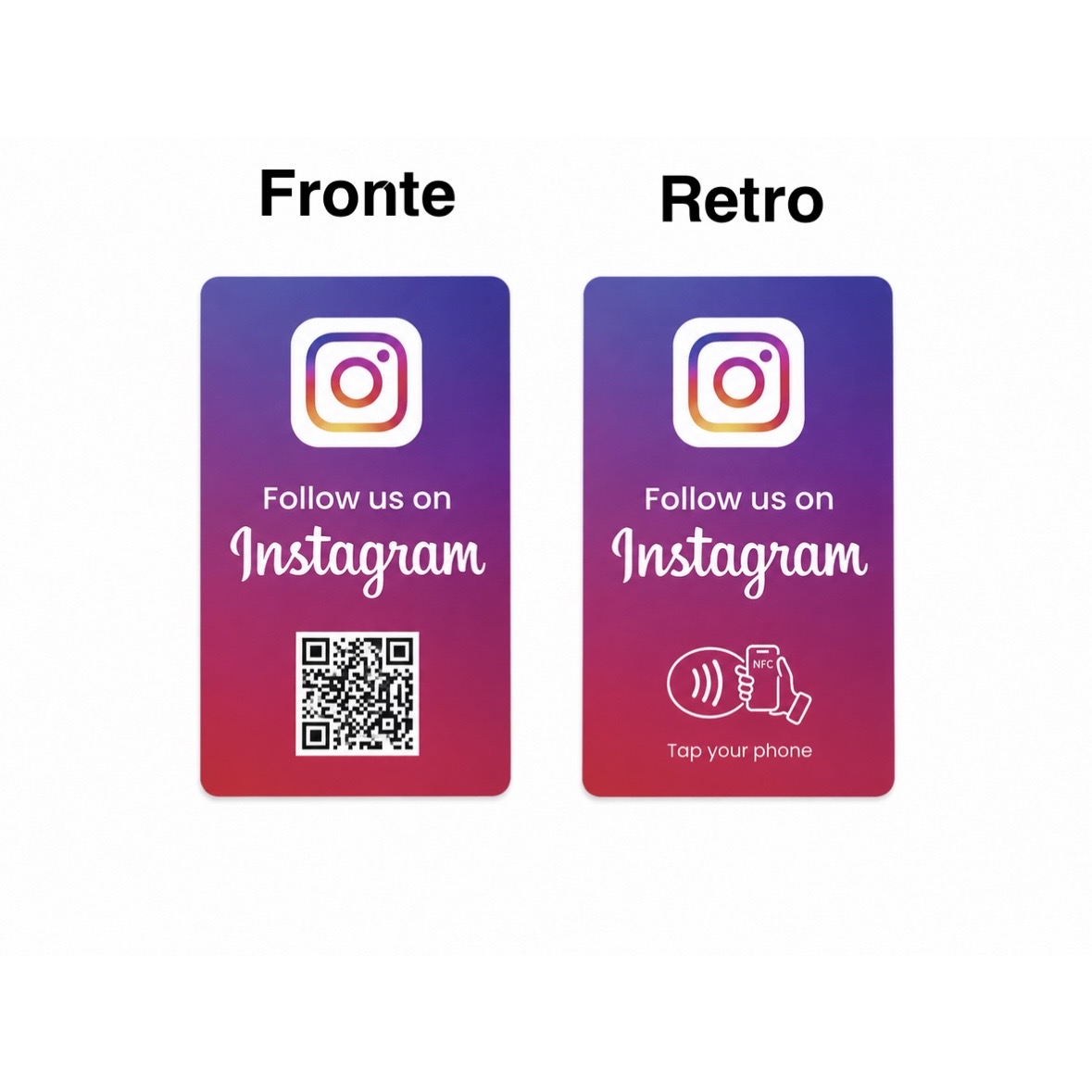 Card NFC Instagram, fronte con QR code e retro con NFC