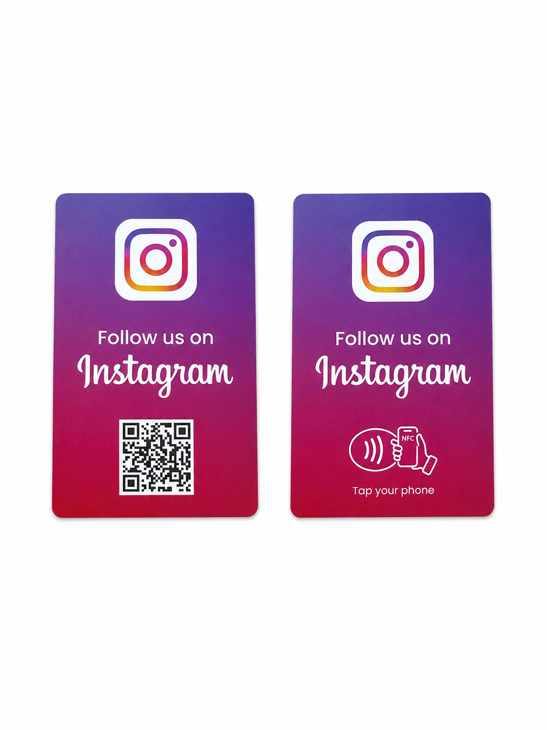Card NFC Instagram fronte e retro con gradiente viola-rosa, scritta Follow us on Instagram, QR code e simbolo NFC