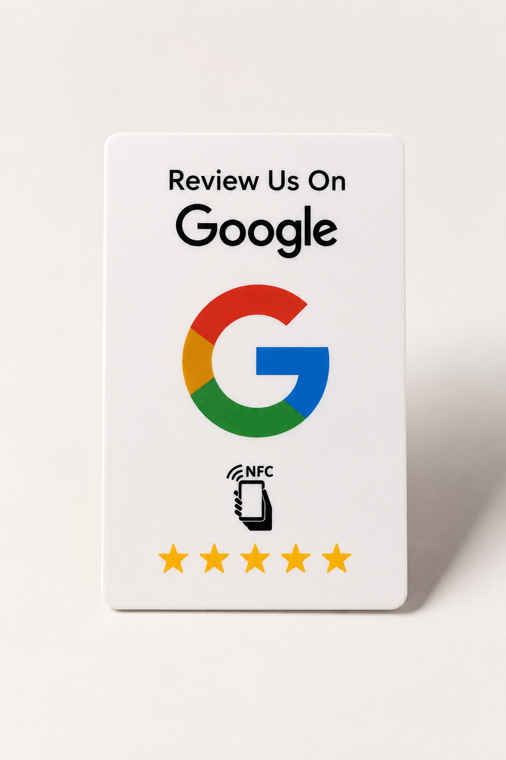 Card NFC 'Review Us On Google' con logo Google, simbolo NFC e 5 stelle