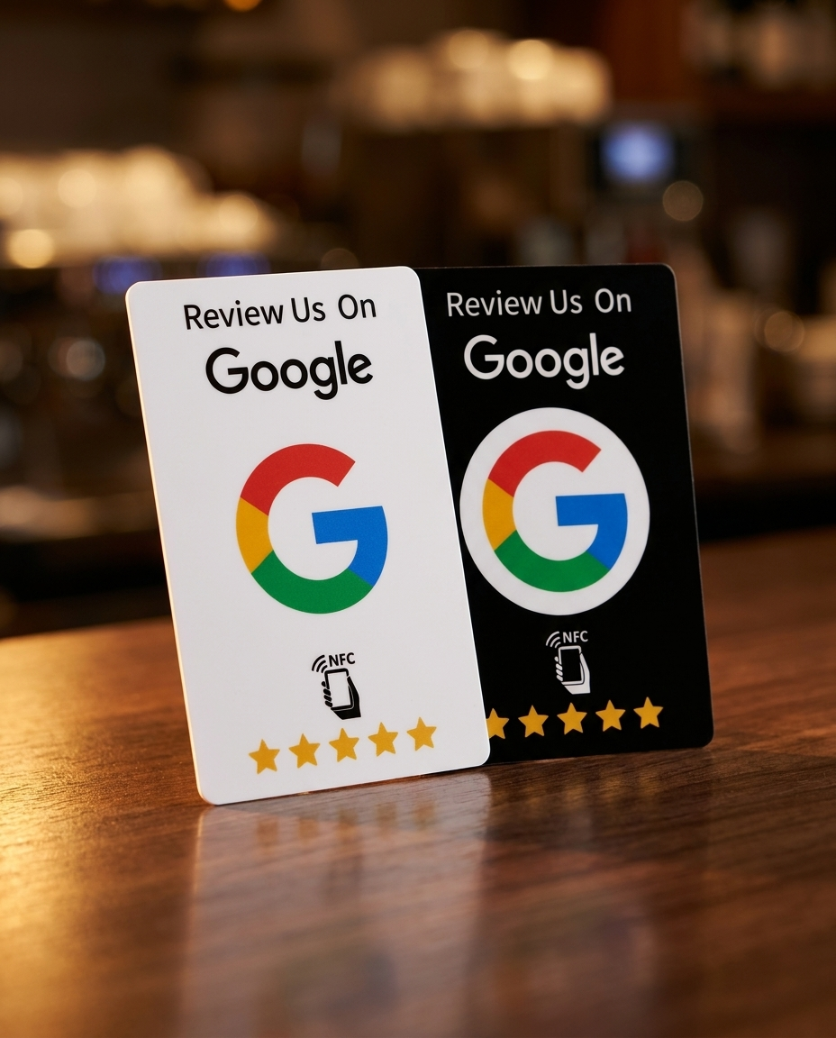 Card NFC bianca e nera Review us on Google appoggiate sul bancone di un bar