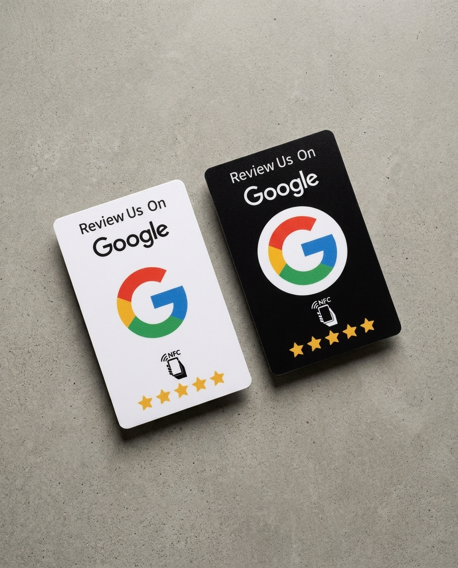 Card NFC bianca e nera Review us on Google viste dall'alto